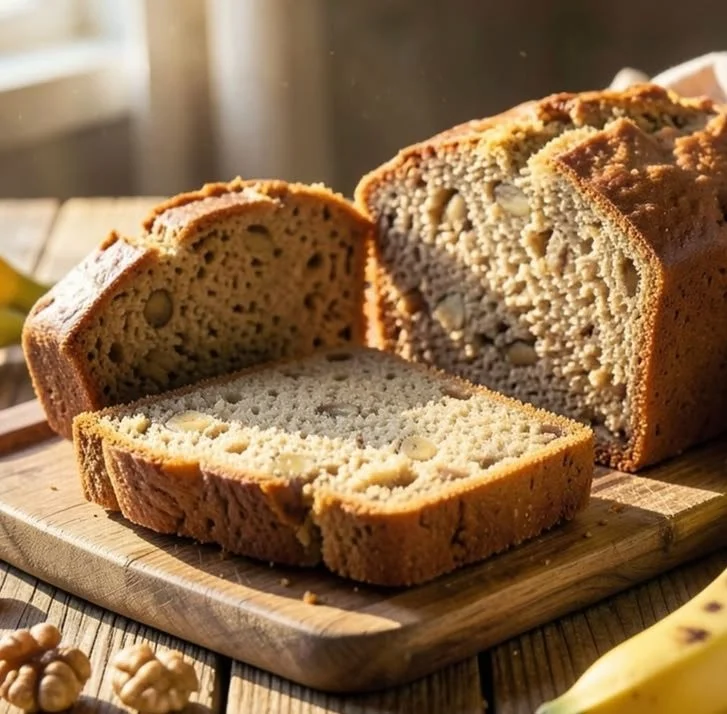 Irresistibly moist banana bread sliced on a wooden cutting board