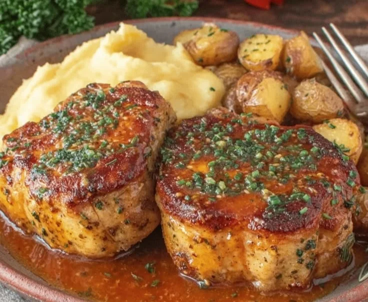 Juicy gluten free pork chops served on a plate with herbs.
