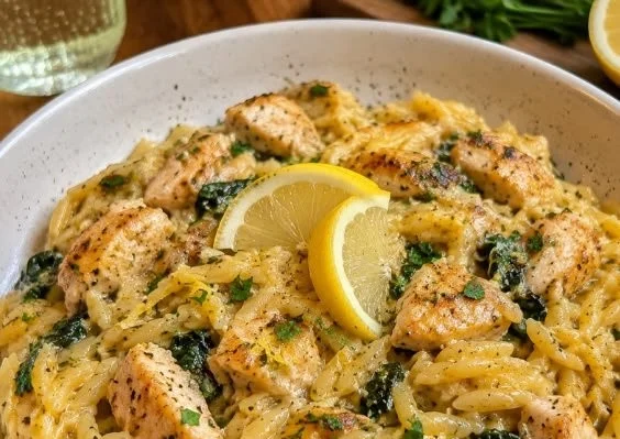 Delicious Lemon Basil Chicken served with fresh herbs and lemon slices
