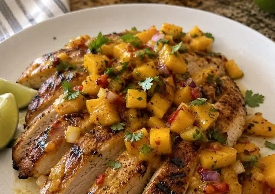 Delicious plate of Mango Chile Chicken garnished with fresh herbs and spices.
