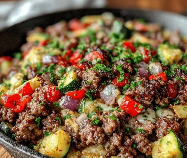 Mediterranean Beef Skillet in a pan with colorful vegetables and herbs
