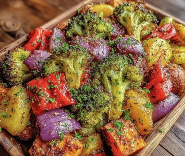 Bowl of perfect oven roasted vegetables, a quick 20-minute side dish.