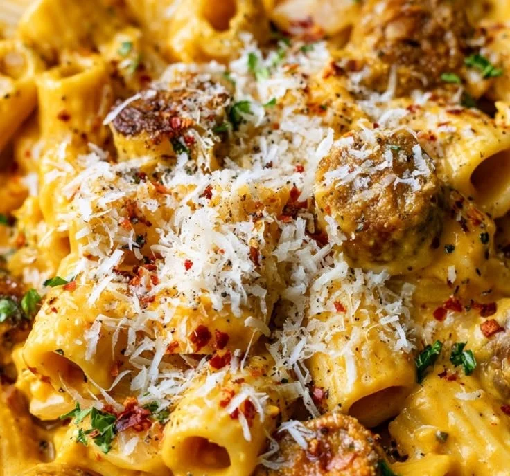 Delicious pumpkin pasta with Italian sausage served in a bowl