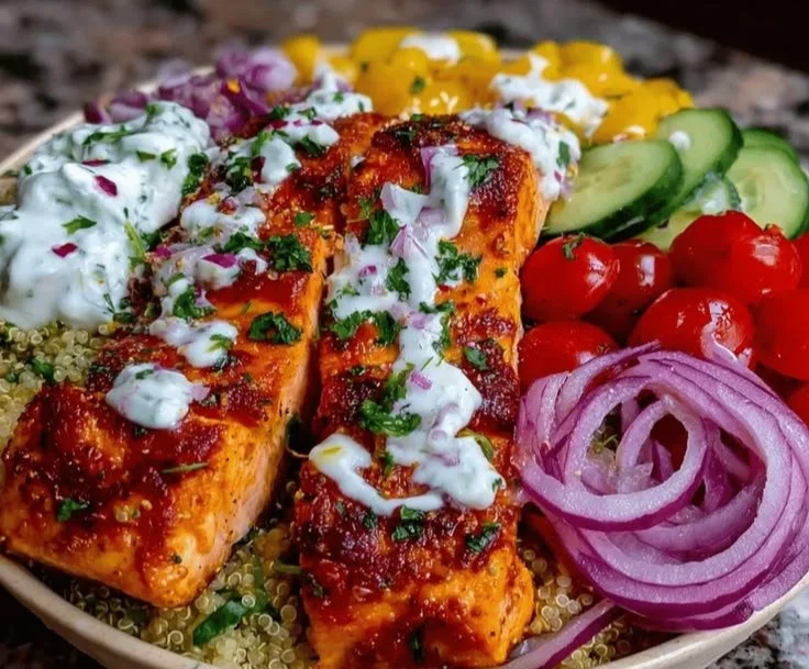 Delicious seared salmon bowl with Mediterranean ingredients for a quick meal