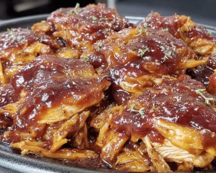 Delicious slow cooker BBQ chicken served on a plate with fresh herbs.