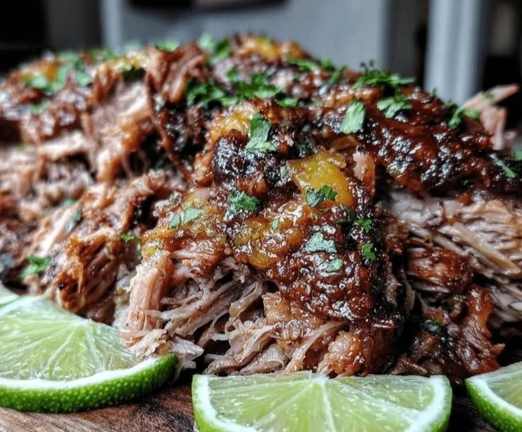 Slow Cooker Mojo Pork dish with citrus glaze served on a plate.