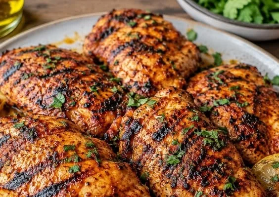 Smoky grilled paprika chicken garnished with fresh herbs