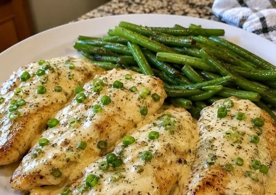 A plate of Sour Cream and Onion Chicken garnished with green onions.