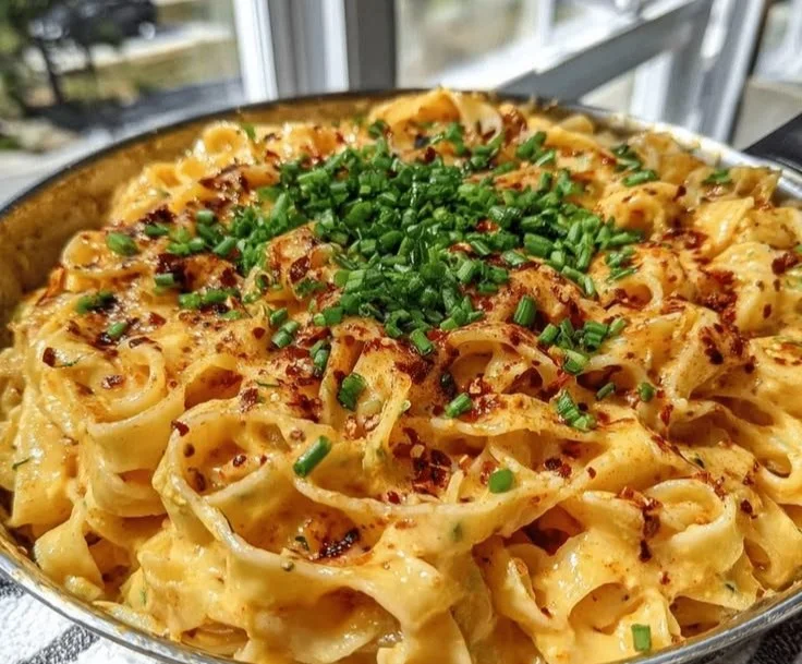 Spicy Cajun Alfredo sauce poured over creamy pasta in a bowl